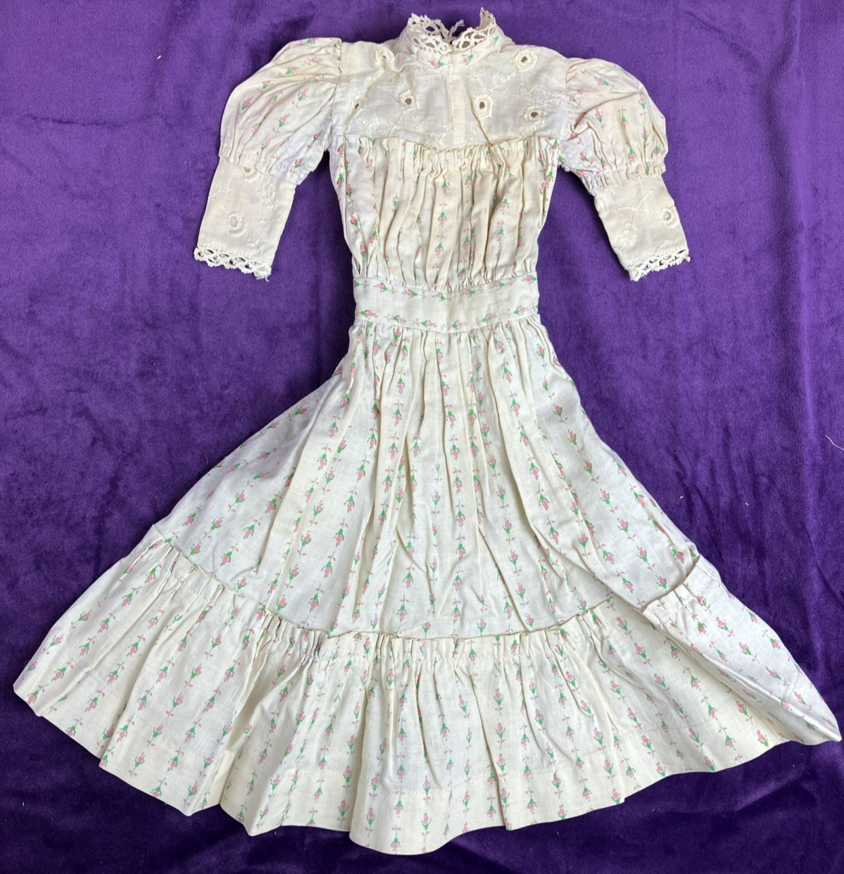 Antique Edwardian Doll Dress Micro Roses Cotton C 1900
