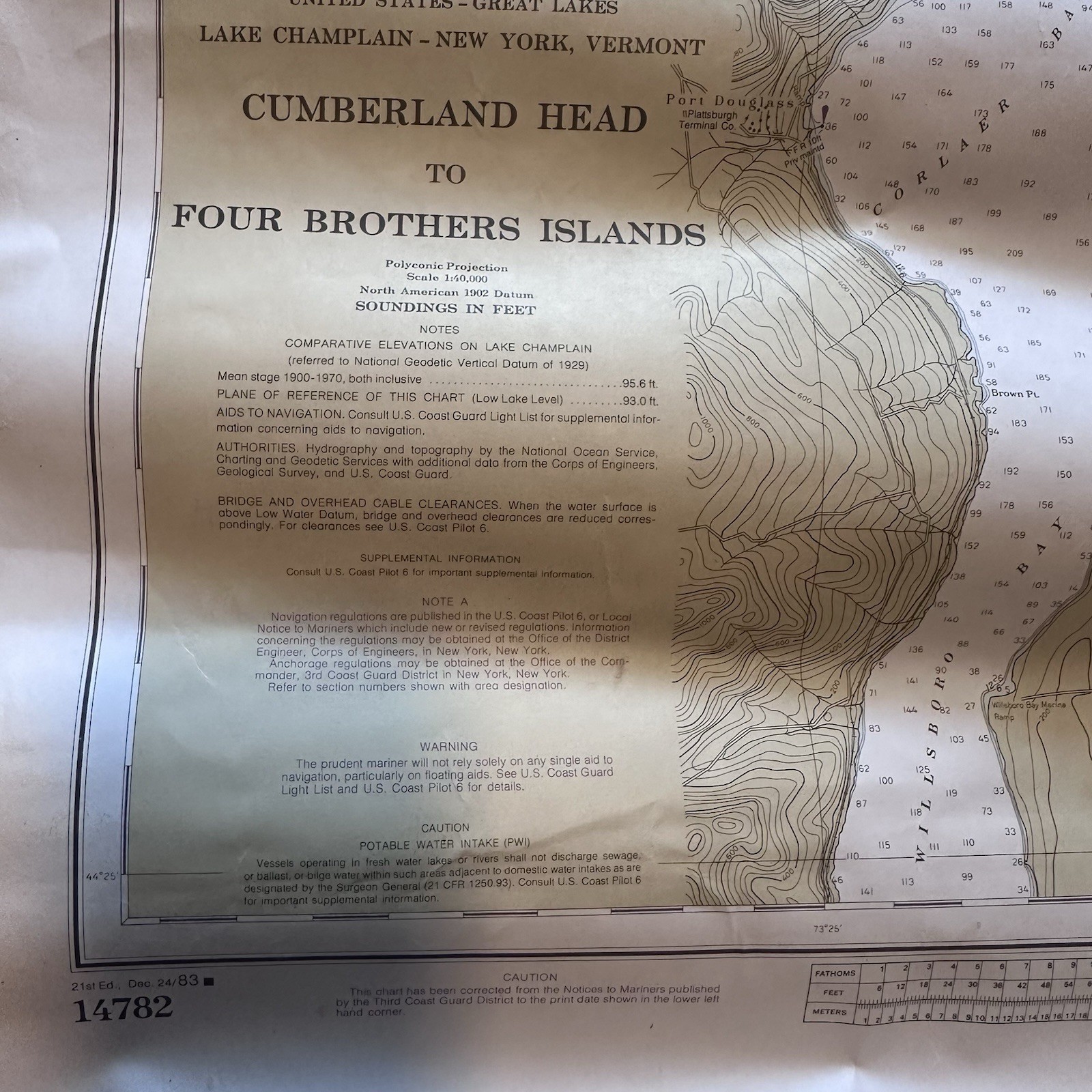 VNT 1983 Lake Champlain Nautical Chart Cumberland Head to Four Brothers Islands