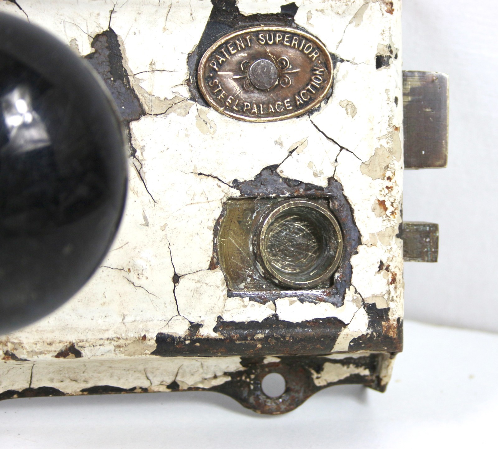Victorian Rim Lock c1870–1900 Patent Superior Steel Palace Action – Ceramic Knob