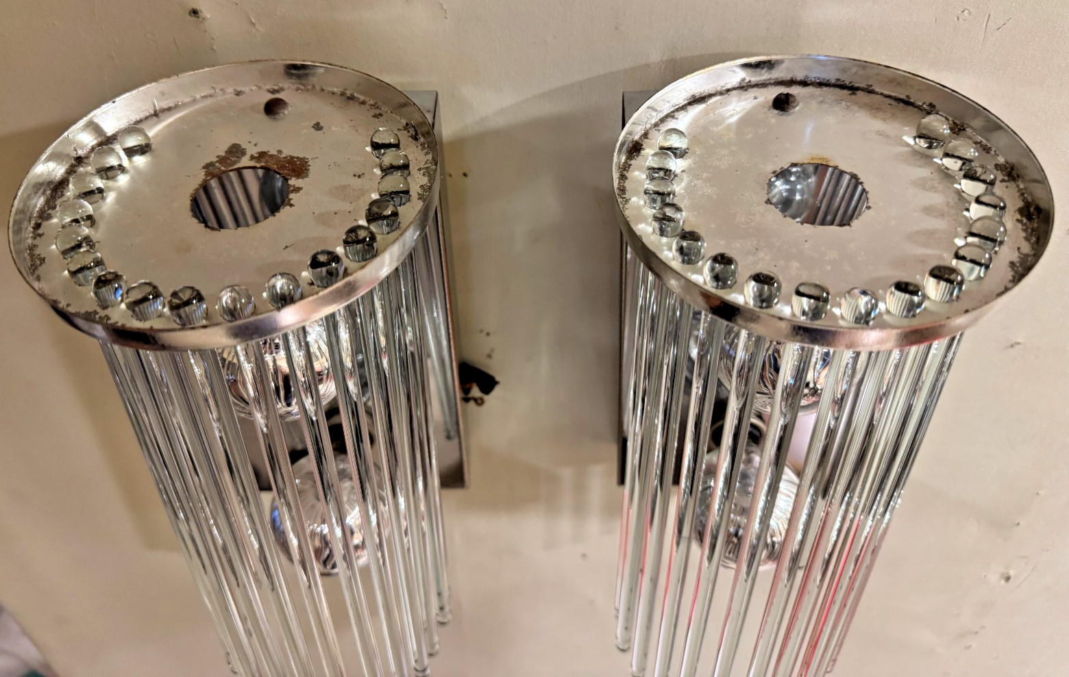 Pair Sciolari Style Glass Rod Chrome Wall Sconces Mid Century Modern Italy