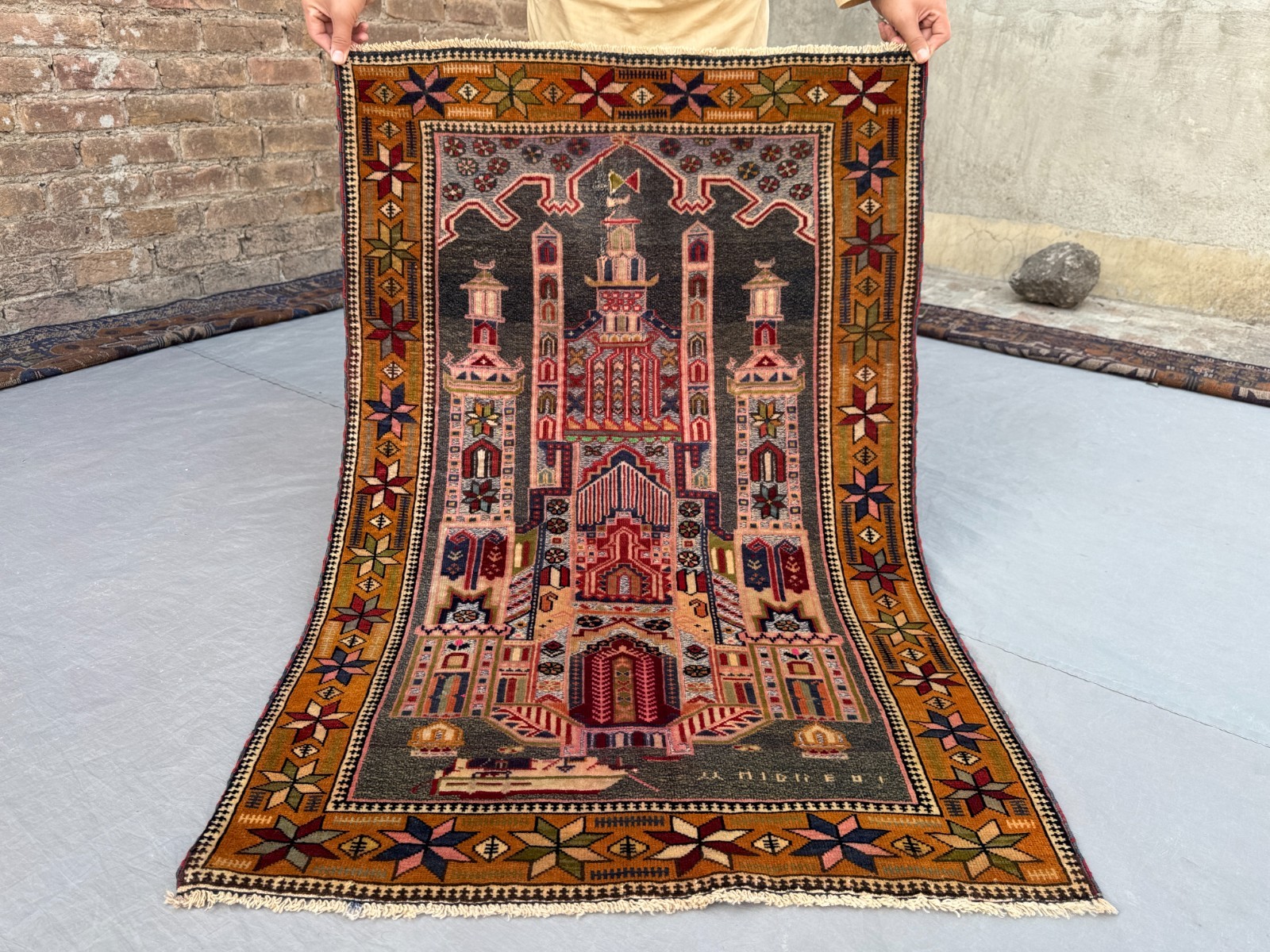 Antique Afghan Hand Knotted Wool Mosque Design Tribal Rug Rare Vintage Area Rug