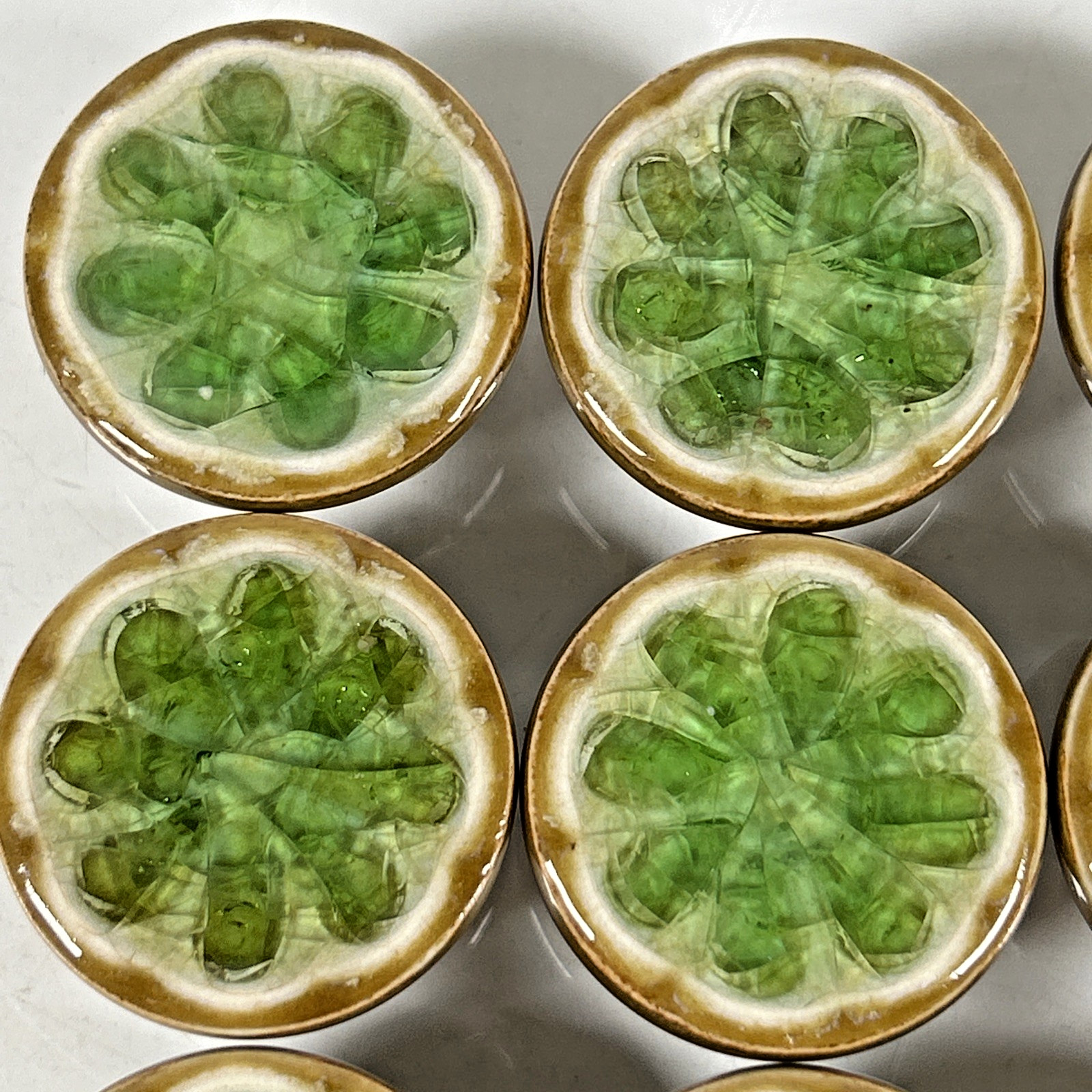 10 VTG Lime Slice Porcelain & Crushed Green Glass Drawer pulls, Brass Backplate
