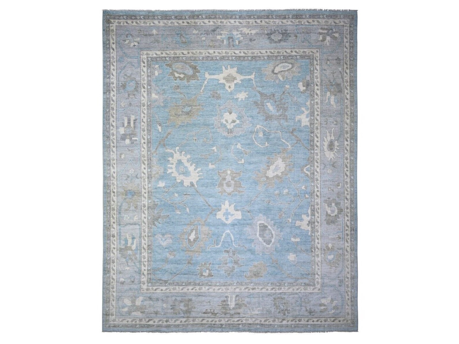 12’1″x14’10” Beau Blue,Soft Wool Hand Knotted,Angora Oushak with Obscured Motifs