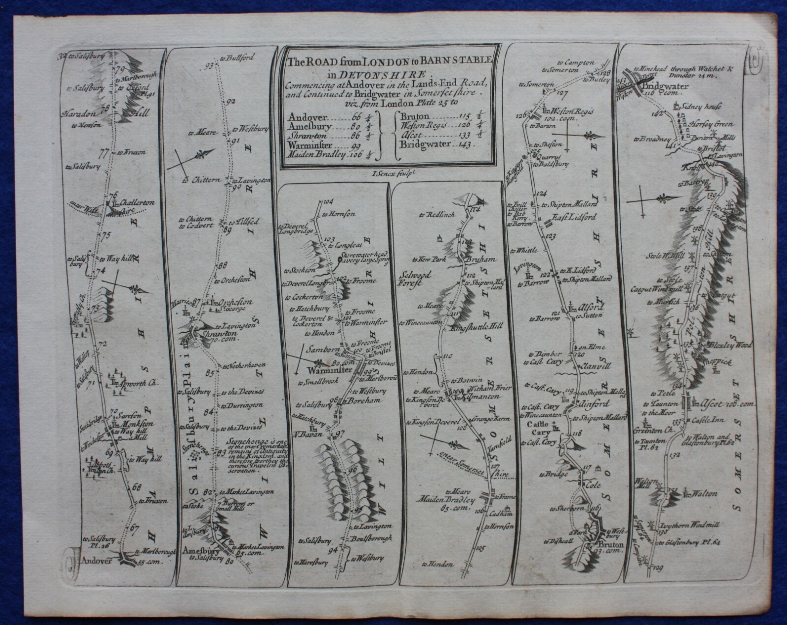 ANDOVER TO BARNSTABLE, DEVON, antique road map, SENEX, OGILBY, Pl 32-33, 1762