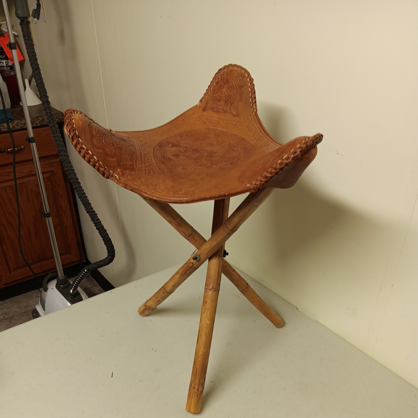 Vntg Hand Tooled Embossed Leather Tripod Seat