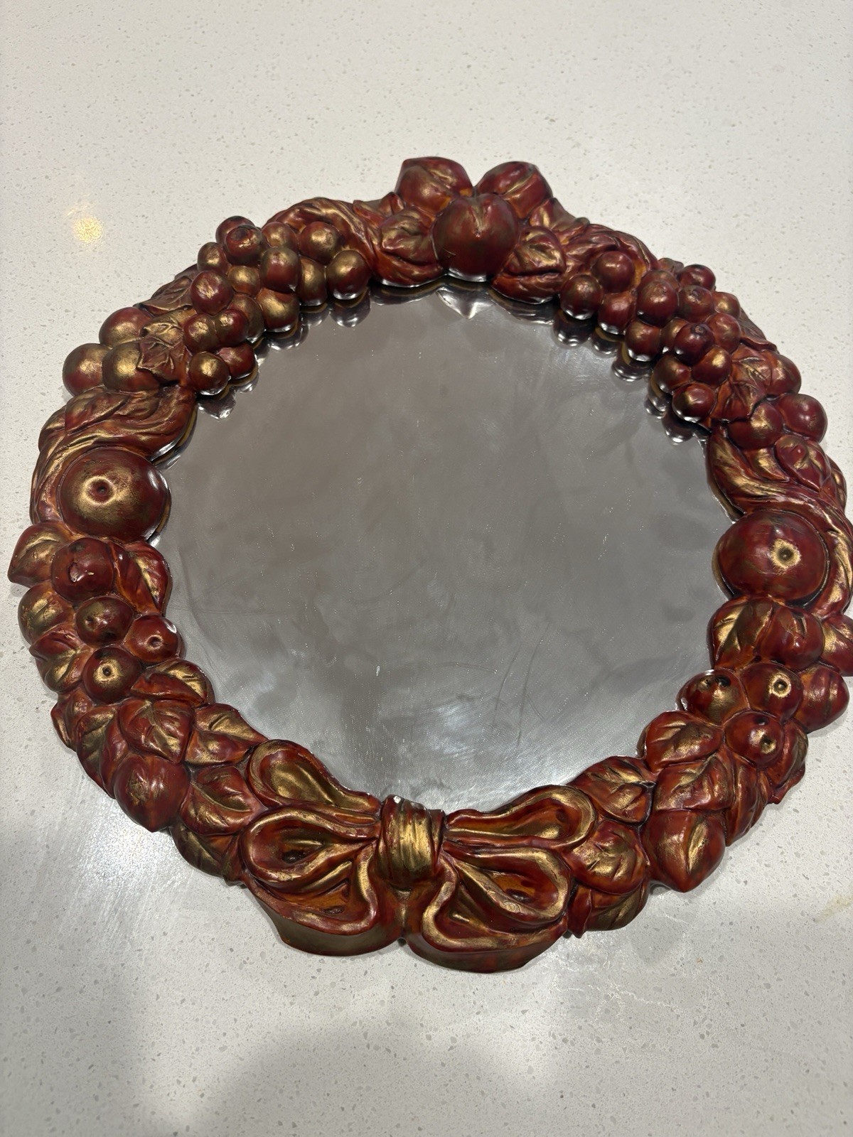 Vintage Ornate Fruit Motif Picture Frame Mirror Ceramic Sculpture Red Gold