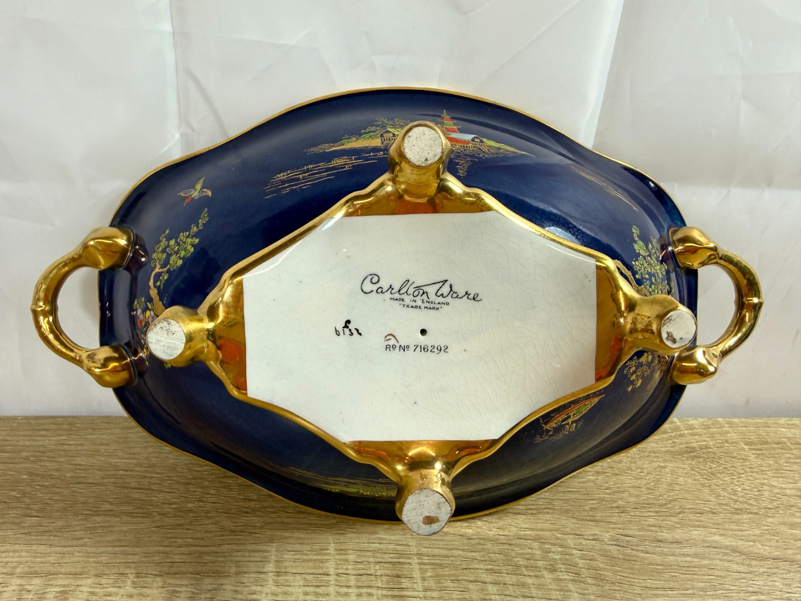 Carlton Ware Chinoiserie Blue & Gilt Footed Bowl Twin Handled Dish c1925 England
