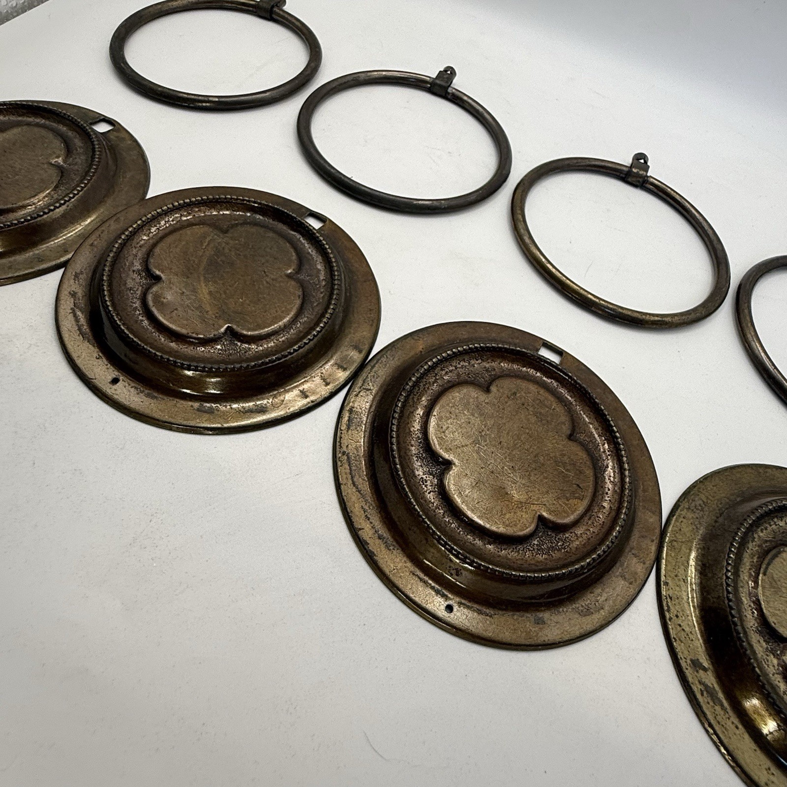 Rustic 4 Round Brass Drop Ring Antique Clover Drawer Pulls 3 1/2” Ornate Victori