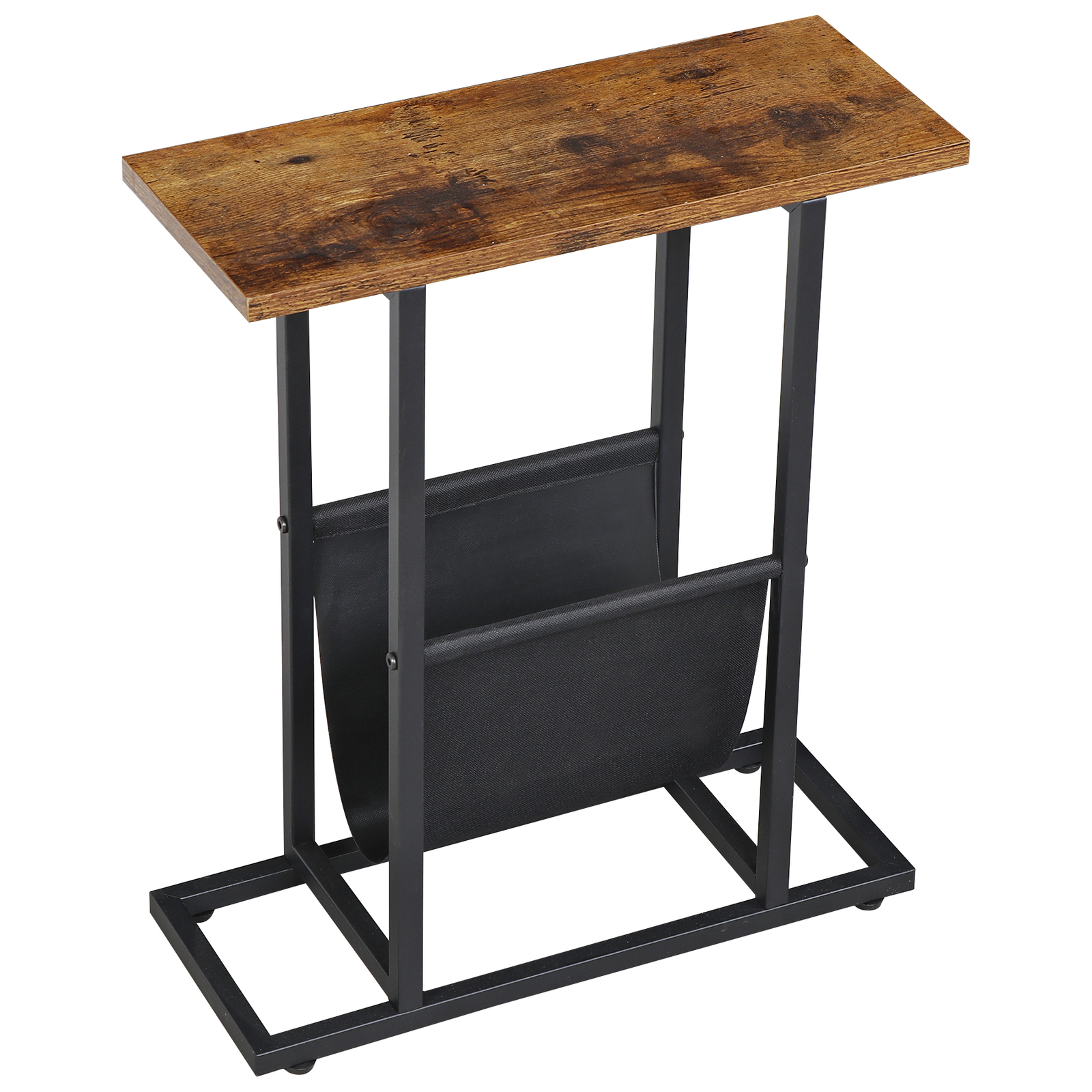 Narrow Side Table for Small Spaces w/Metal Frame Magazine Holder Rustic Brown