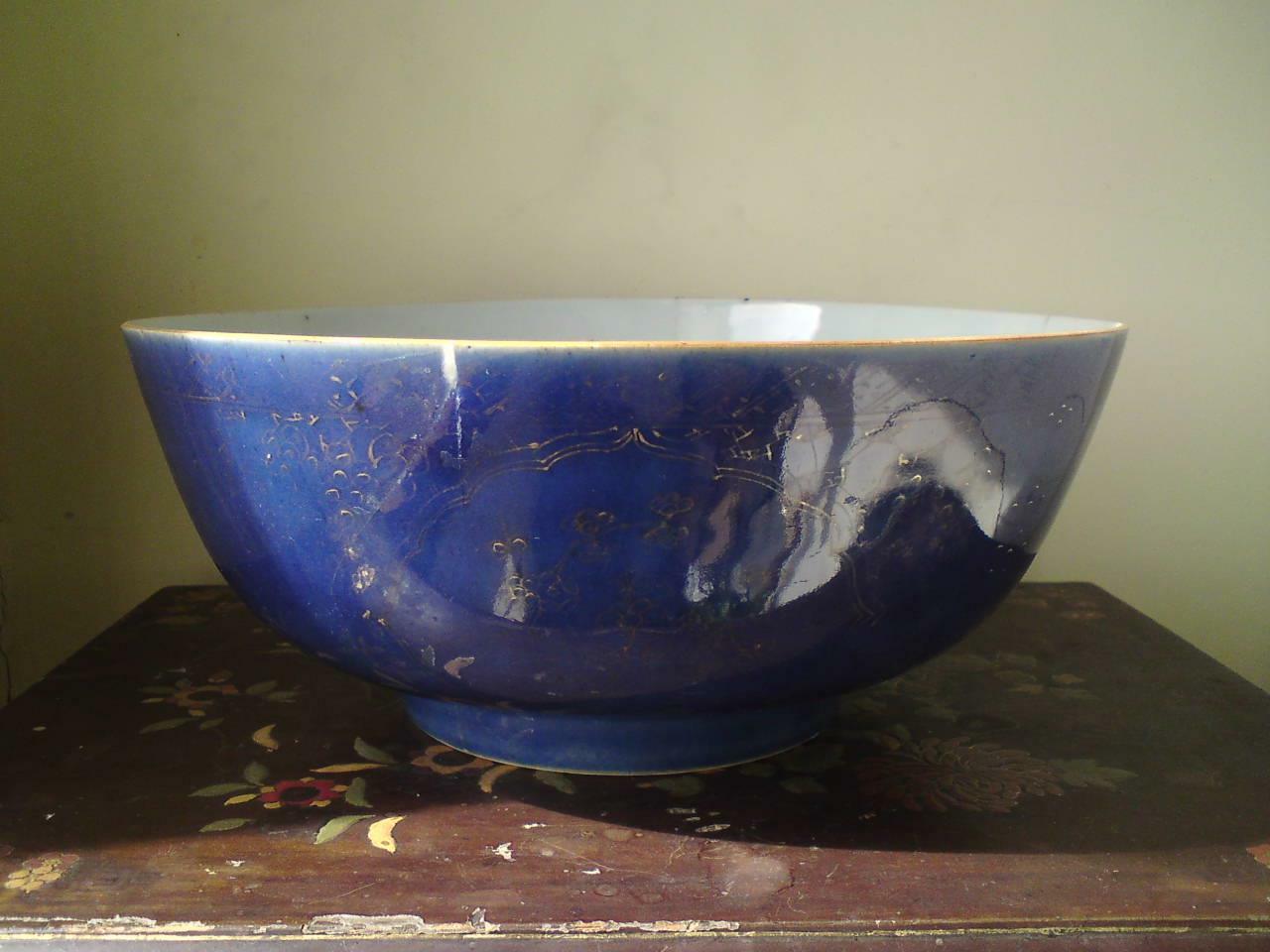 Large (12in.) 18th C Chinese Qing Qianlong gilt-decorated powder blue punchbowl