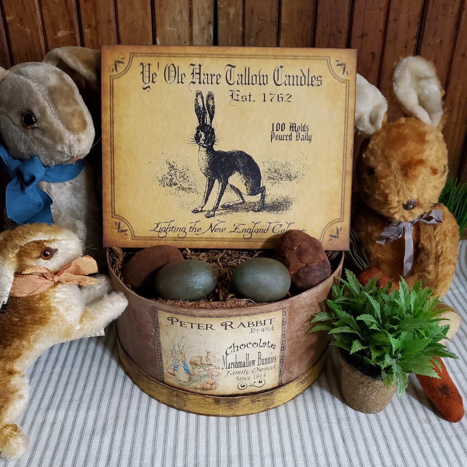 PRIMITIVE ANTIQUE VINTAGE COLONIAL STYLE EASTER 1762 RABBIT BUNNY CANDLE SIGN