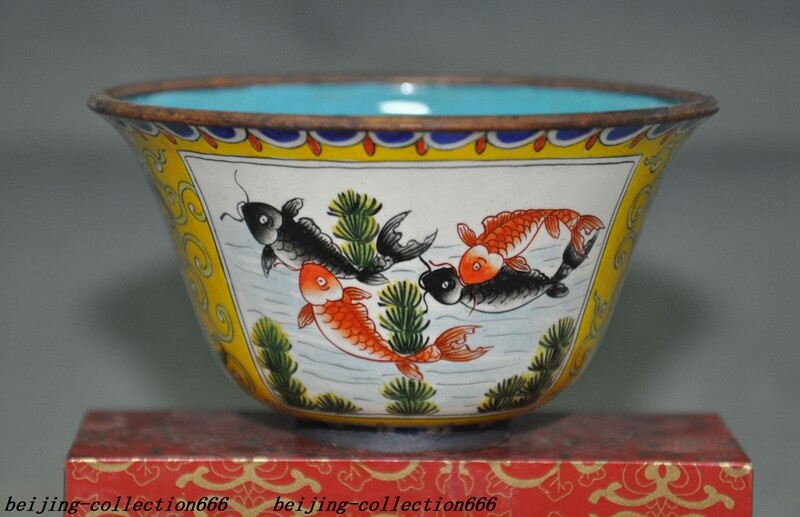3.6″ Chinese bronze Cloisonne lucky animal fish goldfish text Tea cup Bowl Bowls