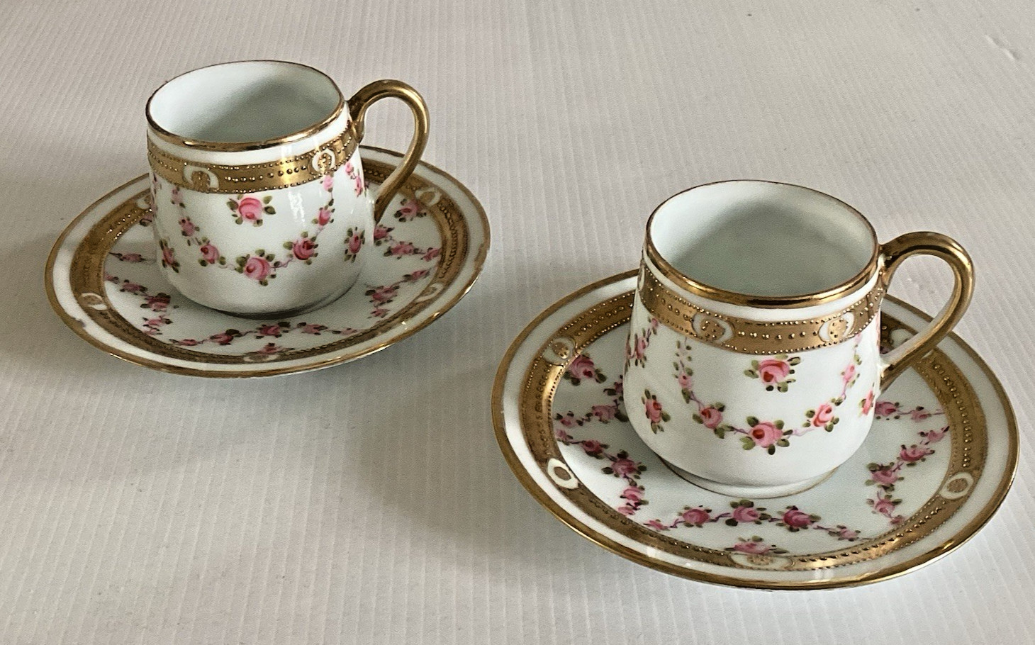 2 Sets Antique H/P Nippon Chikusa Small Cup Saucer Beaded Gold Pink Floral Rose