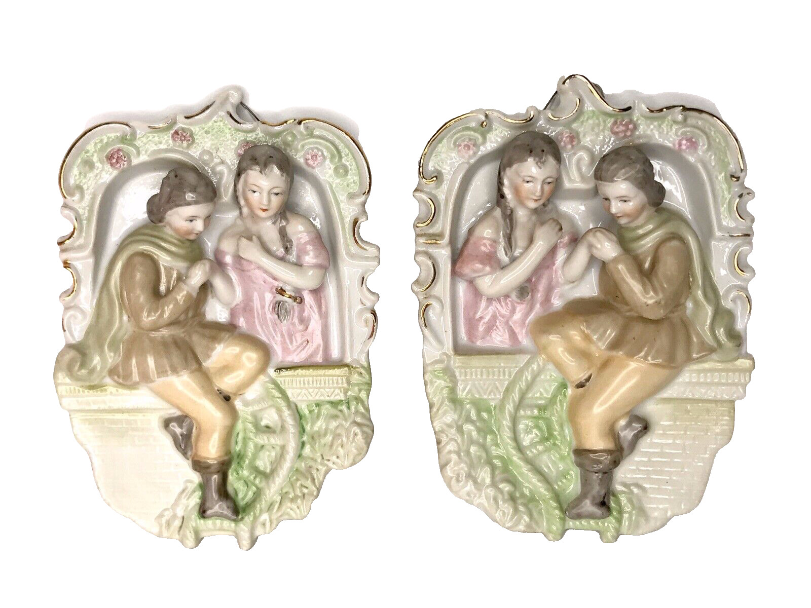 Two Vtg Bisque Porcelain 3D Wall Hanging Plaques Romantic Lovers Courting Couple