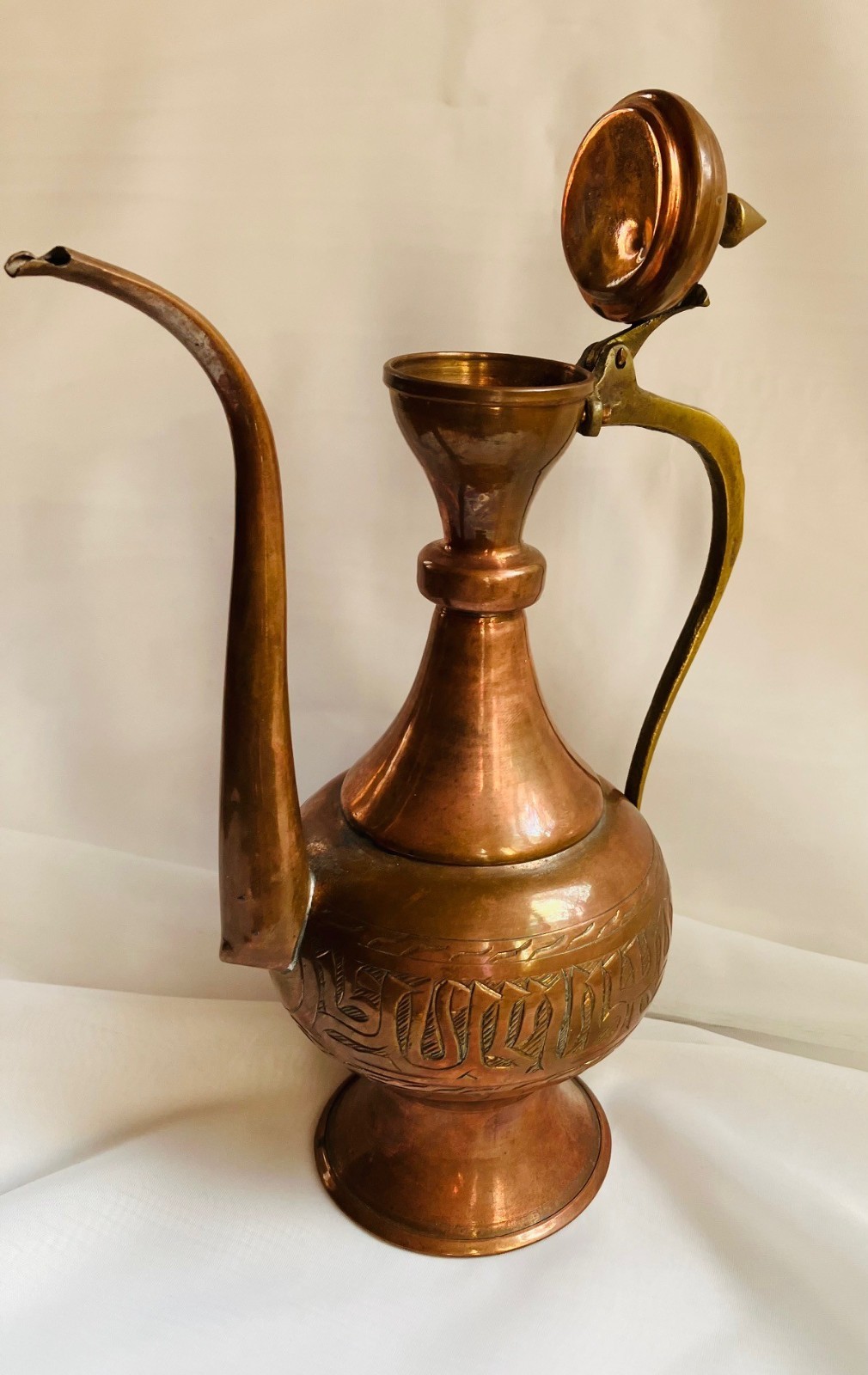 Vintage Islamic Middle Eastern Hand-forged and Engraved Copper Rosewater Ewer