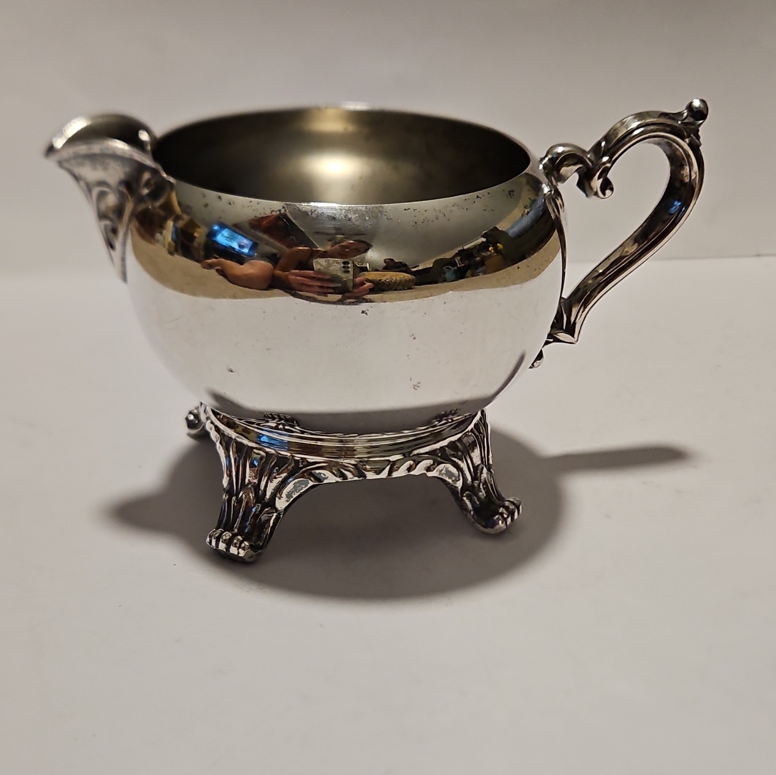 Vintage Unmarked Silverplate Footed Creamer Pitcher Ornate Handle Mid Century