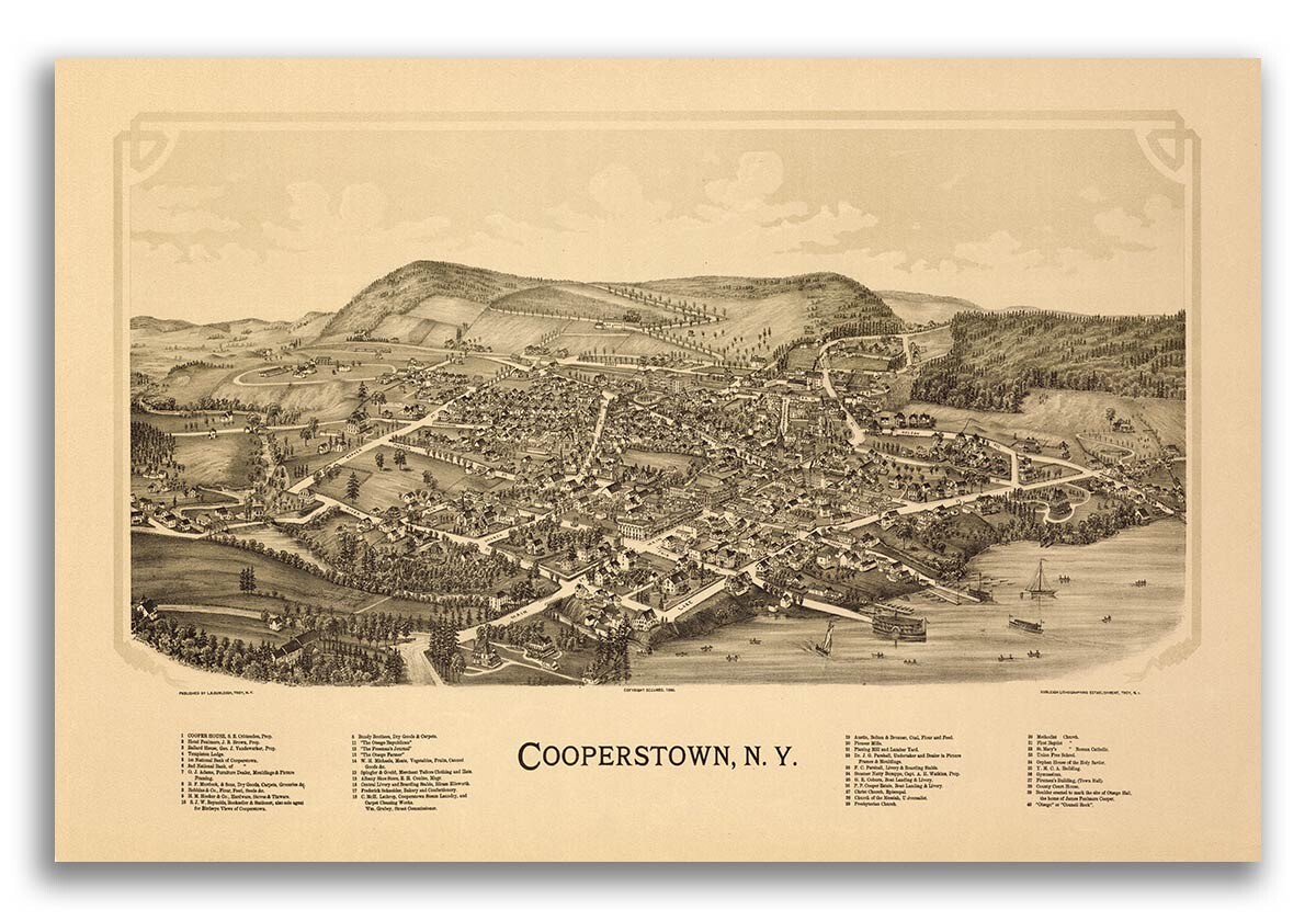 Bird’s Eye View 1890 Cooperstown New York Vintage City Map – 16×24