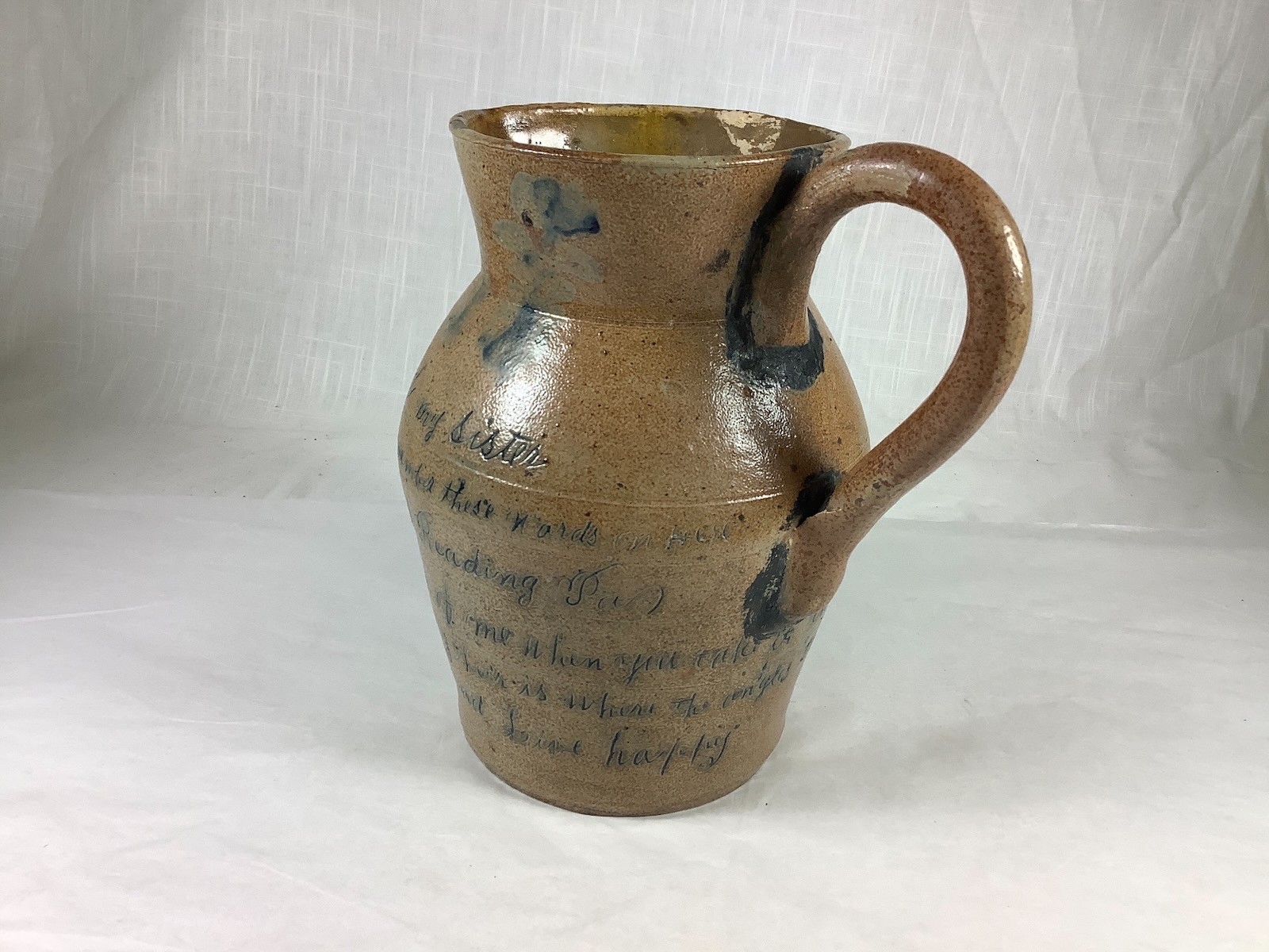 1893 SHENFELDER STONEWARE PRESENTATION PITCHER 6 LINE ZELLERS SCRIPT INSCRIPTION