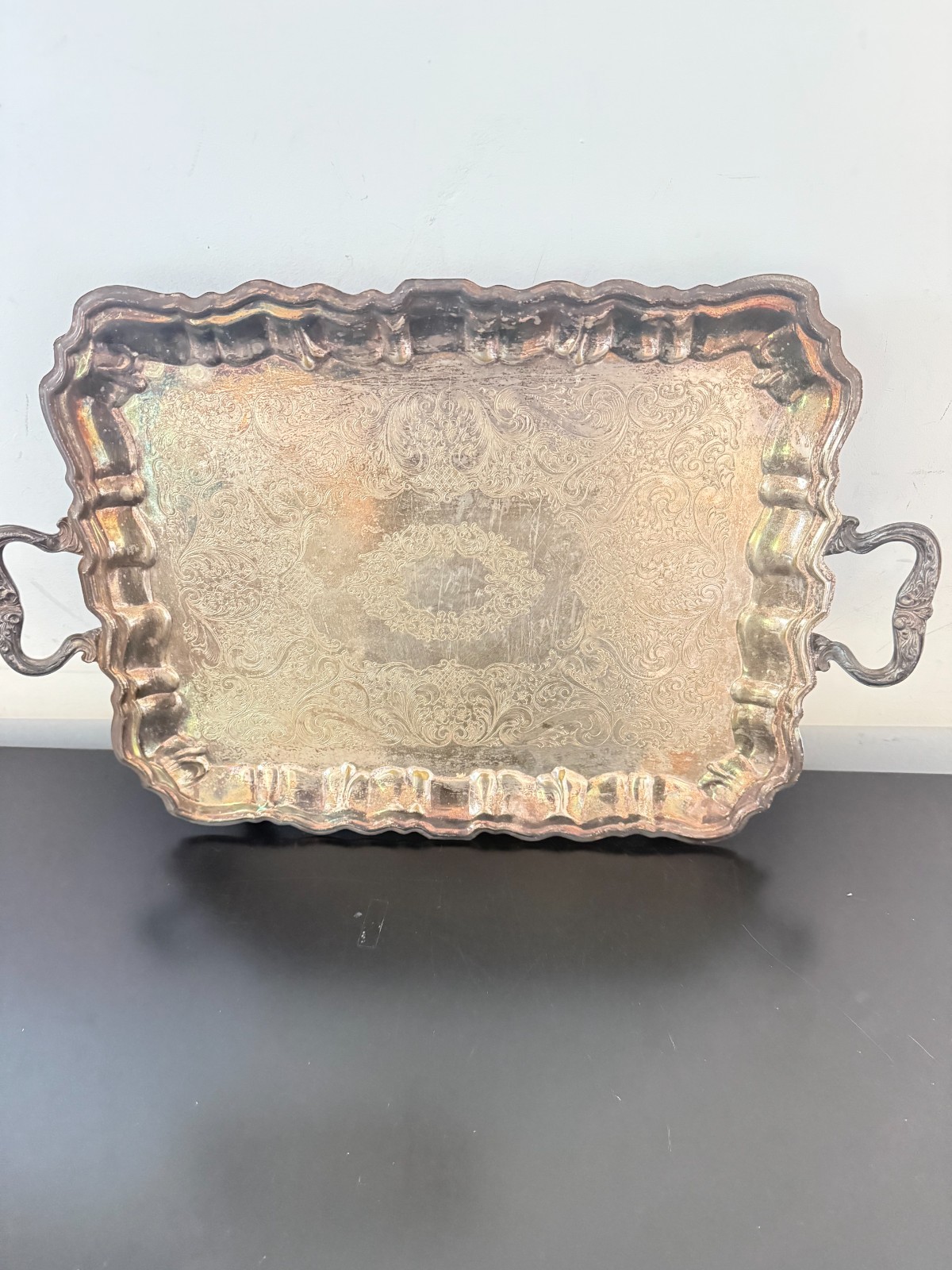 VINTAGE SILVER PLATED SERVING TRAY W HANDLES ORNATE FLORAL DESIGN LARGE PLATTER