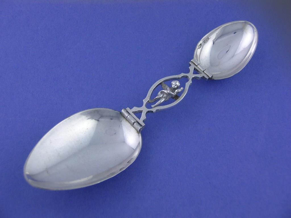 Rare 800 Silver Folding Medicine Spoon w/ figural Angel / Cherub unusual
