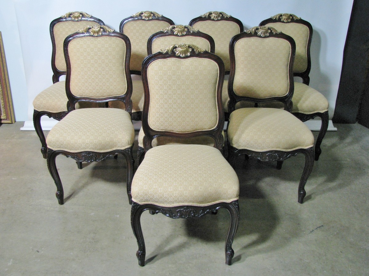 8 Carved Designer French Dining Chairs By Interior Crafts Mahoany + Gilt; Mint