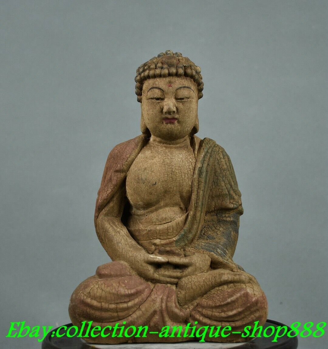9″ Old Chinese Dynasty Wood lacquerware Shakyamuni Amitabha Buddha Statue