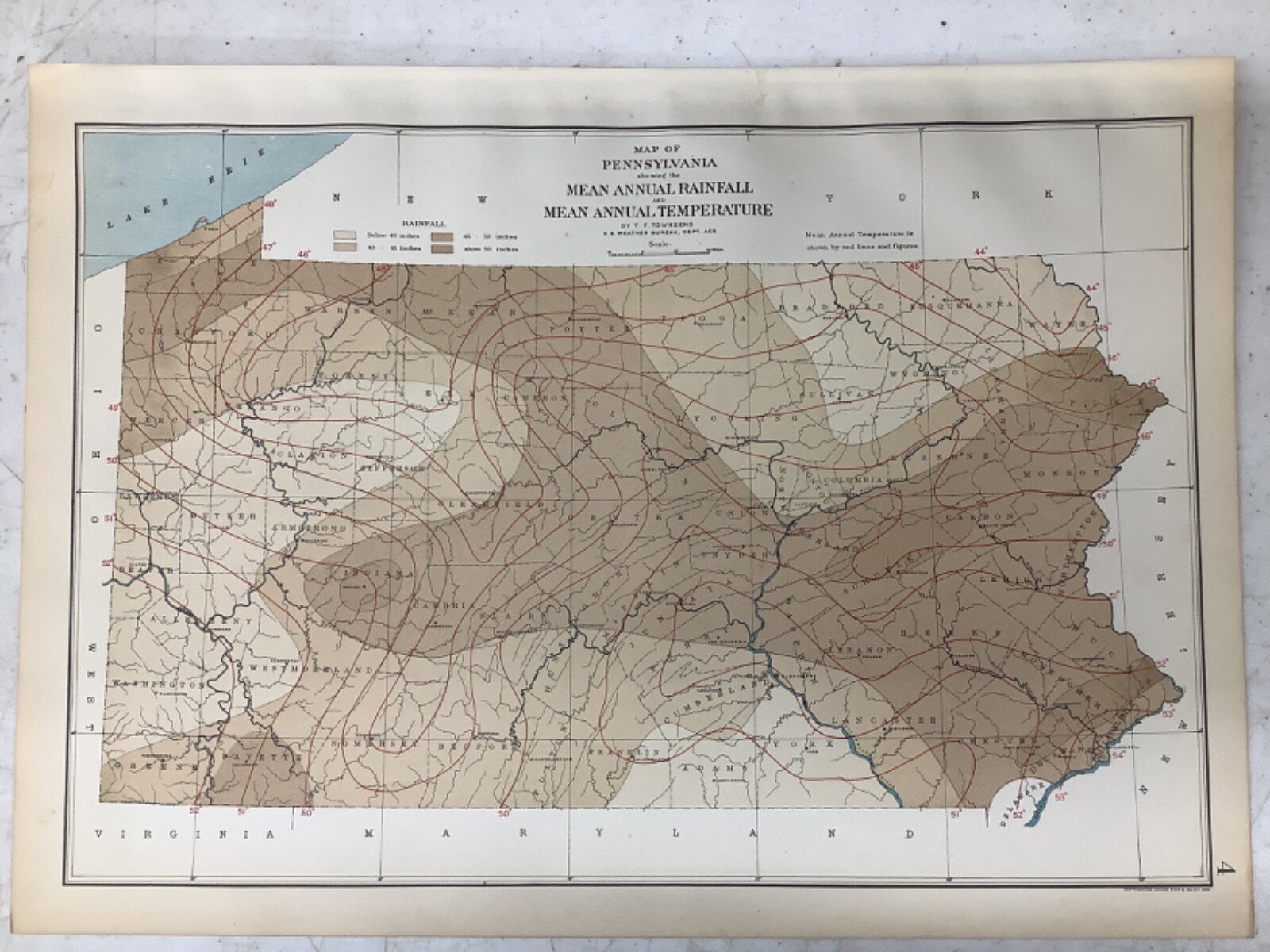 1901 Colored Annual Rainfall And Temperature Map Of Pennsylvania 14 x 19”