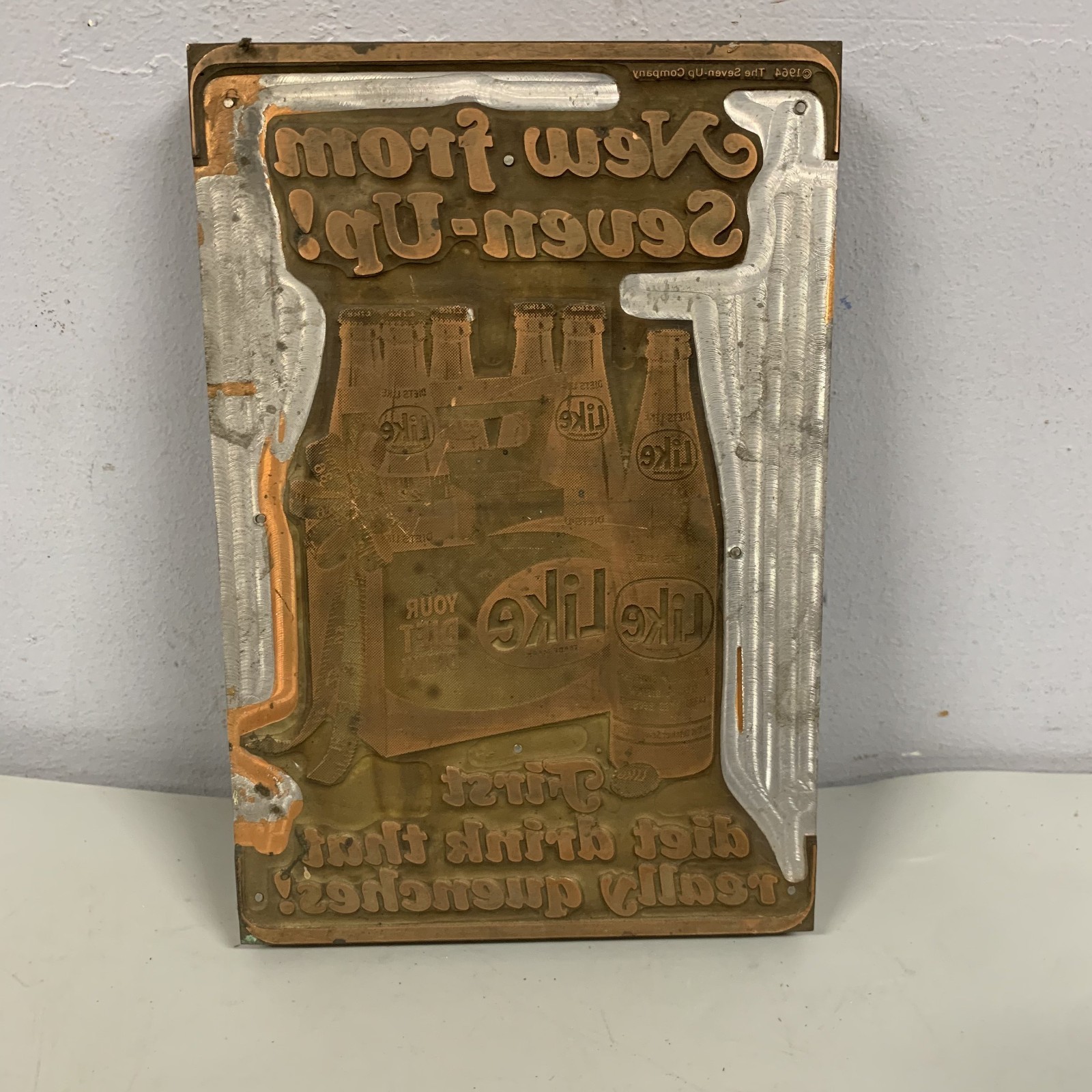 VTG Printing Block New From 7up! LIKE SODA Advertising Wood Back Copper Face