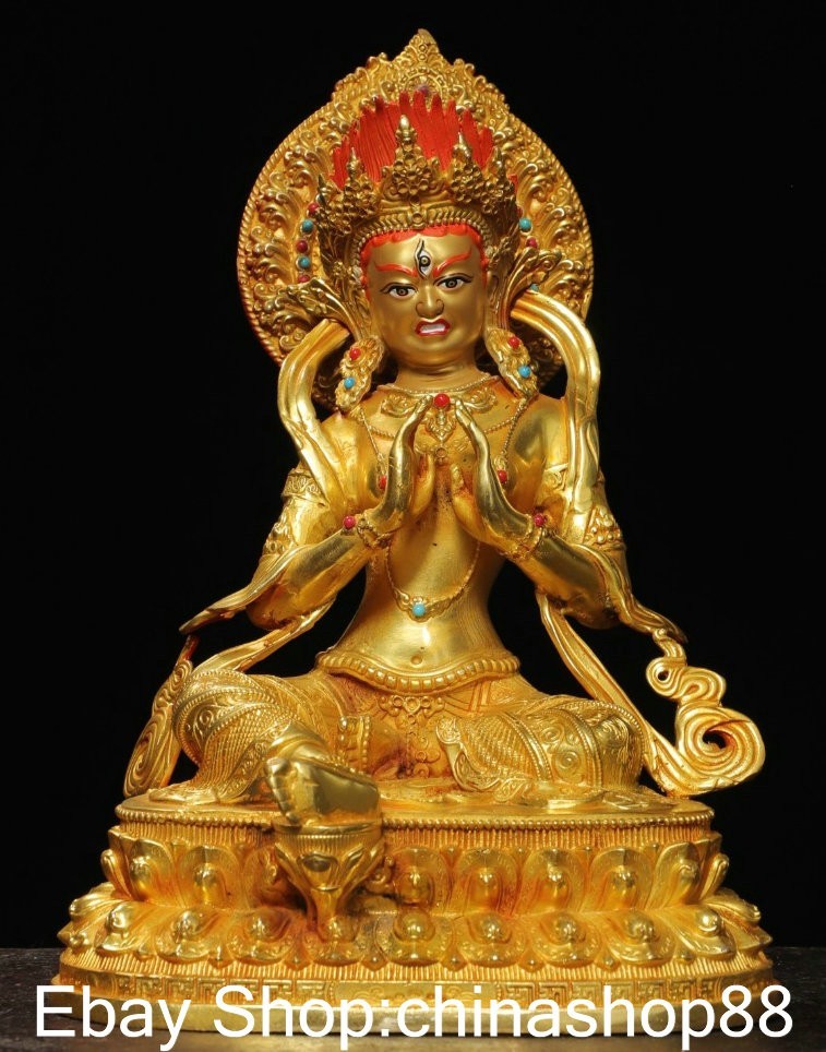 9.6″ Old Tibet Copper Gilt Drawing Green Tara Enlightenment Goddess Statue