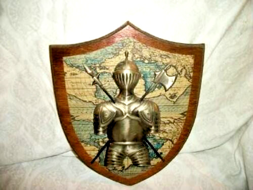 MCM Fred Roberts Co Plaque Metal Knight Wood Shield Map Coat Of Arms 1960s JAPAN