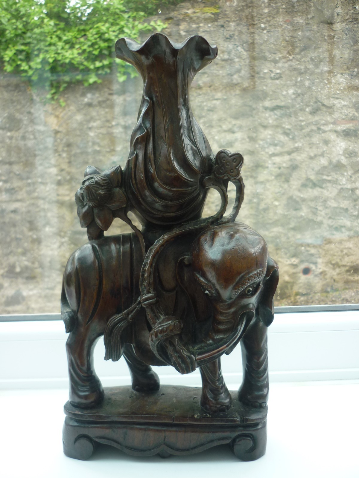 Antique Carved Hardwood Elephant with Glass Eyes /Candle Holder/Vase 32 cm H