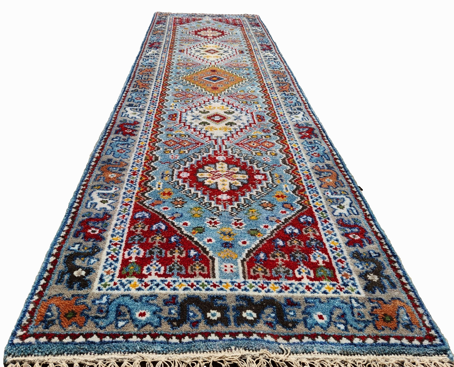 2’6″X8’1 ANTIQUITY HAND WOVEN CAUCASIAN -KAZAK TRIBAL MUTED BLUE WOOL RUG RUNNER