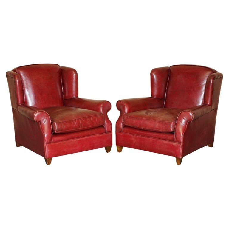 FINE PAIR OF ANTIQUE ART DECO 1920’S BORDEAUX LEATHER DEEP WING CLUB ARMCHAIRS