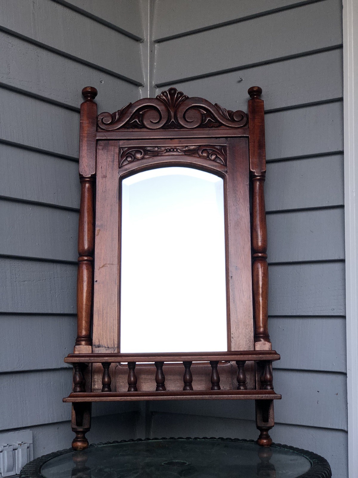 Solid Mahogany Wood Hand Carved Bevelled Shelf Wall Mirror