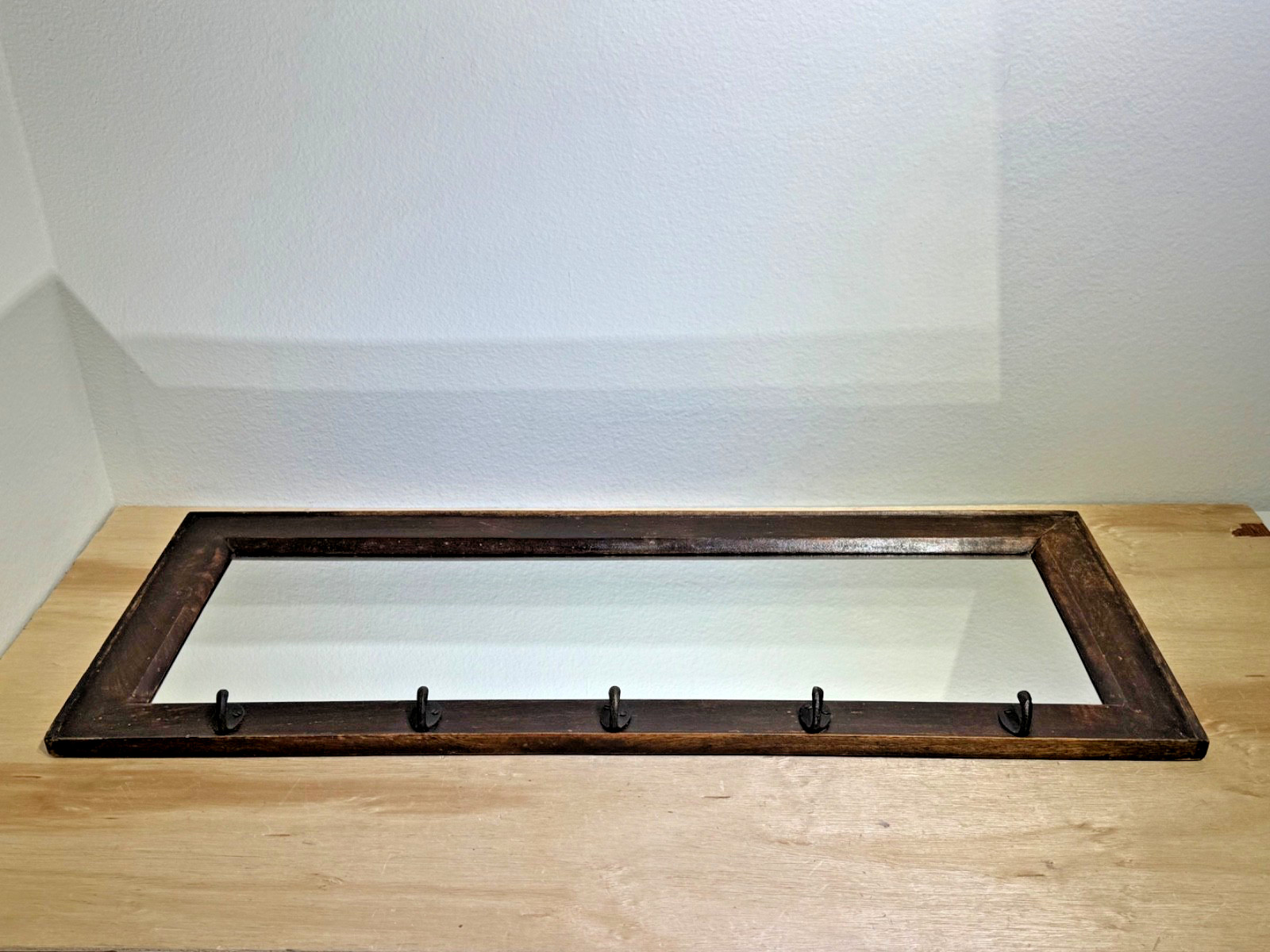 Antique Cape Cod Wall Mirror with Hooks | Black Walnut Wood Frame | 36″W x 14″H