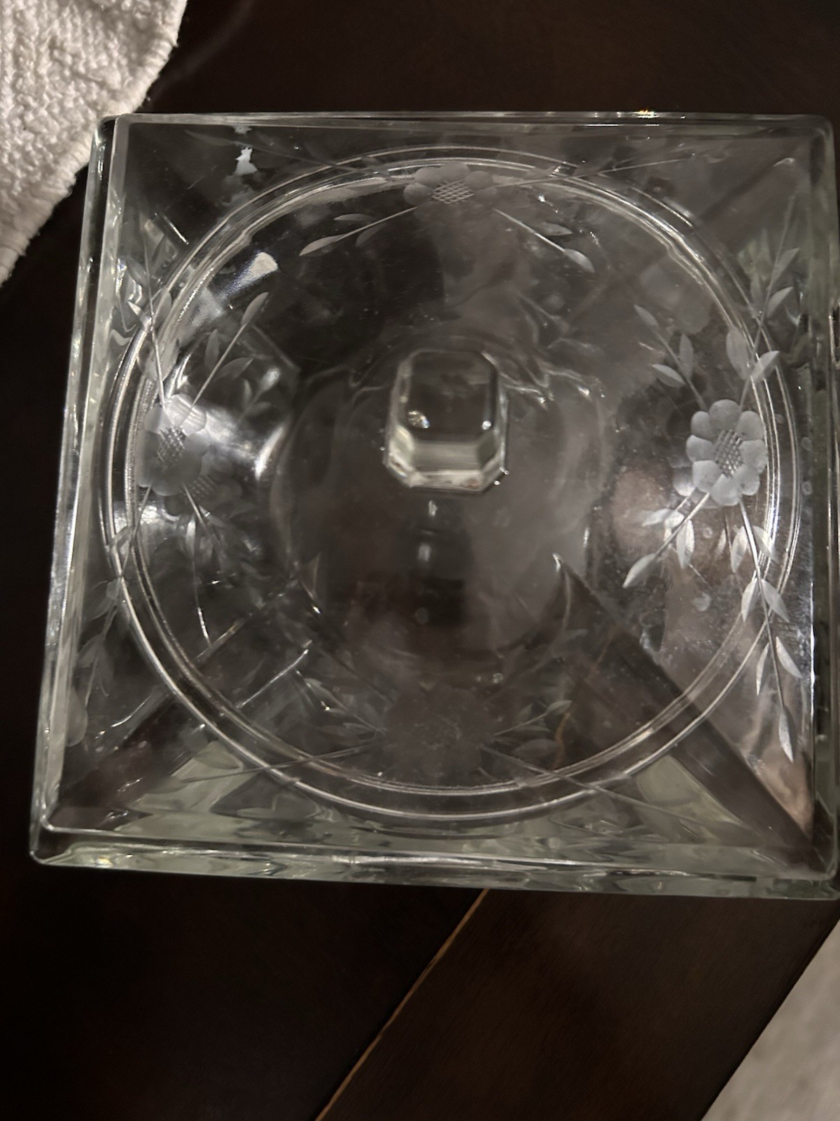 Crystal vintage Square Etched Flowers and leaflets on dish and top Box