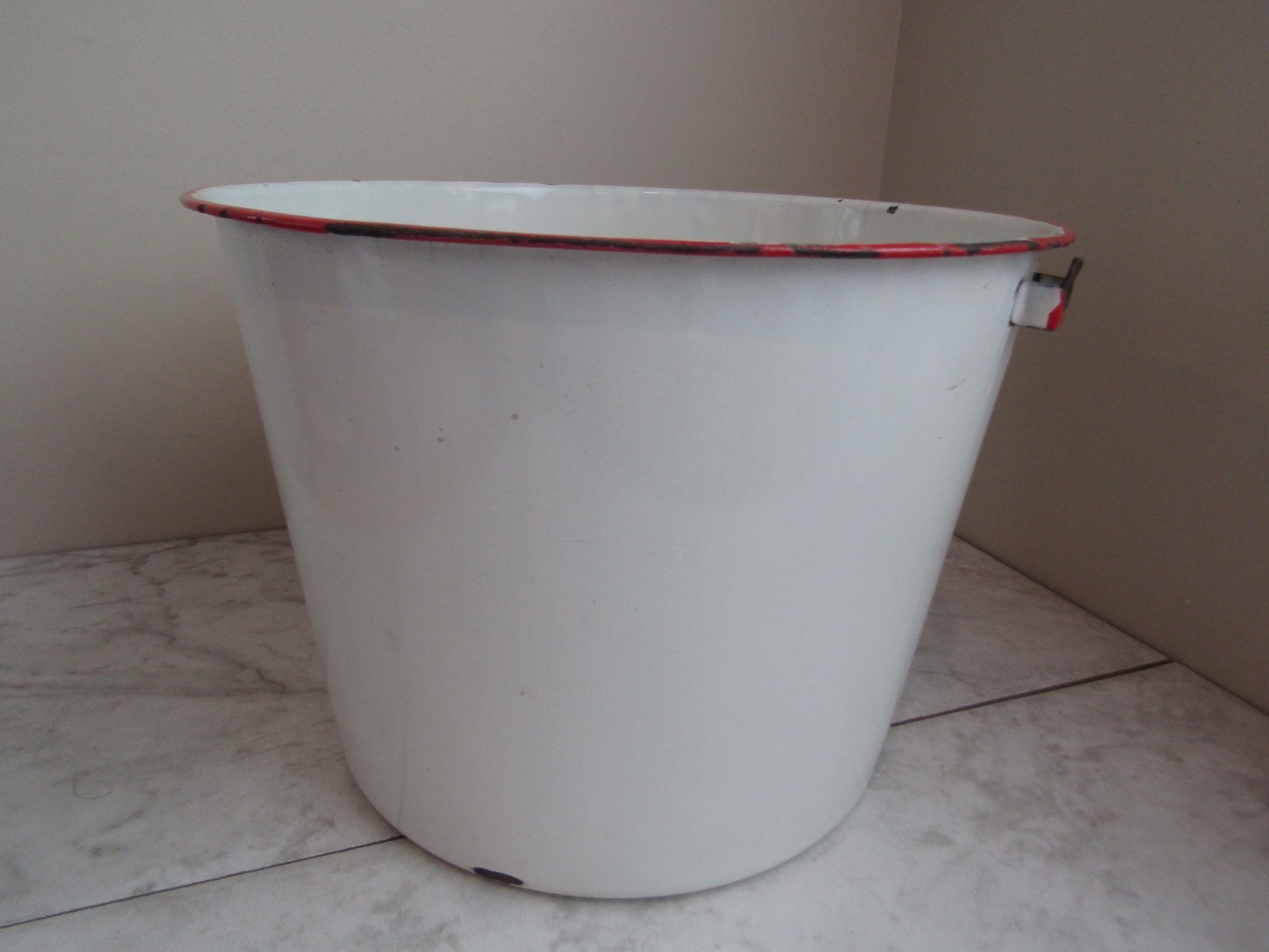 Vintage Pail Wash Basin Bread Enamel White Red Rim Pan Patina Camp Decor 9 x 12