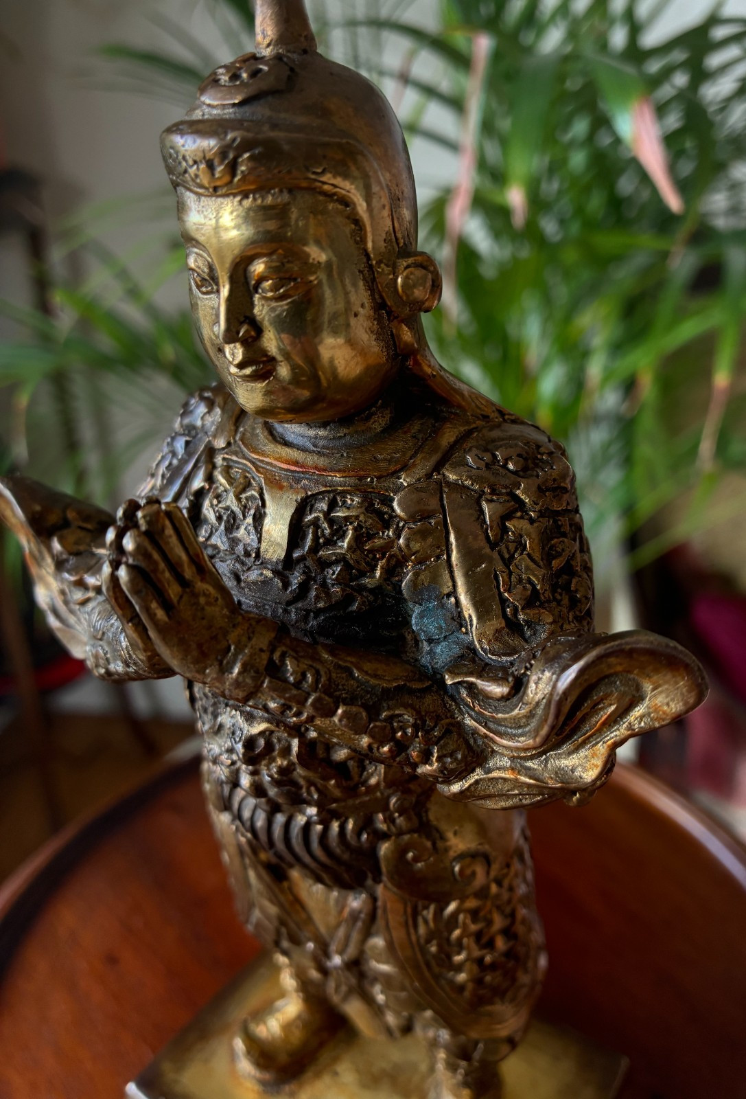 Antique Chinese gilt bronze figure of Buddhist Guardian Weituo Pusa, 23.5cm high