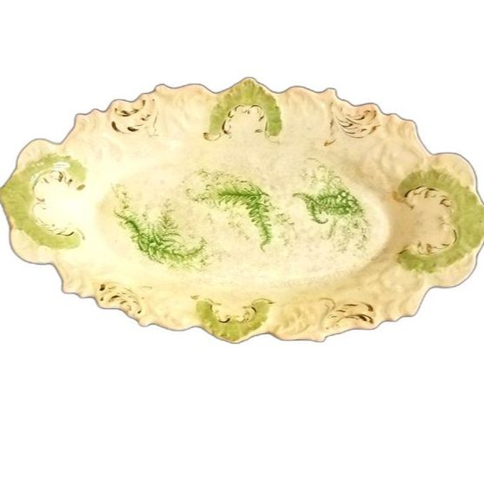 Antique La Francaise Porcelain Fern Platter 14″ Scalloped Gold Trim 1900s EUC