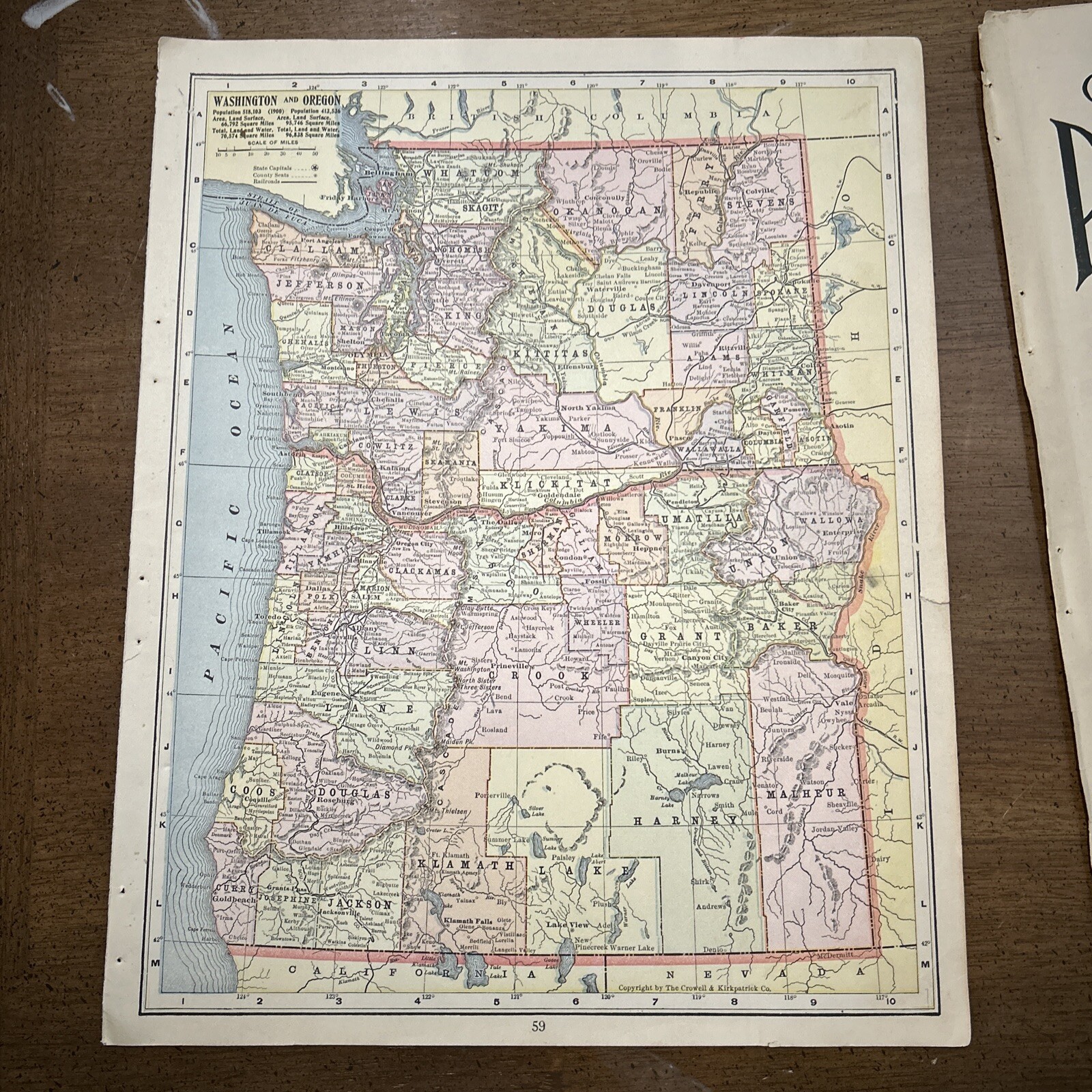 Antique Colorful 1908 Map Of Washington & Oregon 13.5 x 10.5 Inches