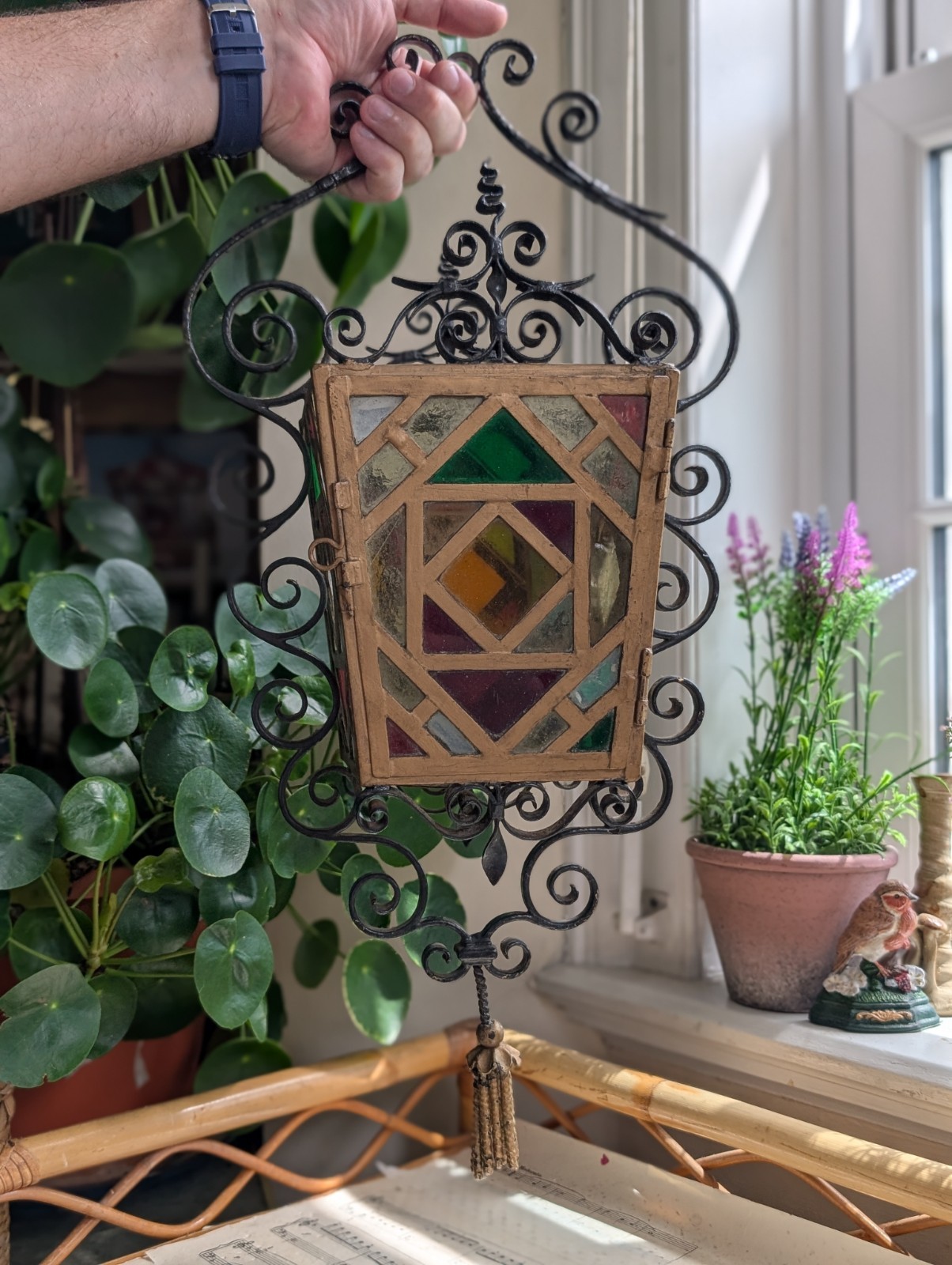 Antique Wrought Iron Lantern Stained Glass Hanging Light Lamp Porch Ornate