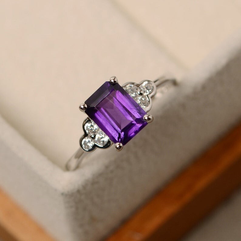2.20 Ct Natural Amethyst Diamond Engagement Wedding Ring 14K White Gold Size 5