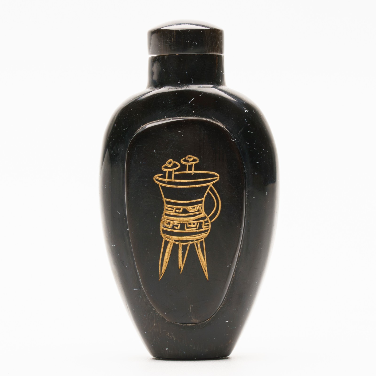 Chinese Snuff Bottle Faux Bois Lacquer Gilt Stopper Tripod Landscape Black 20C