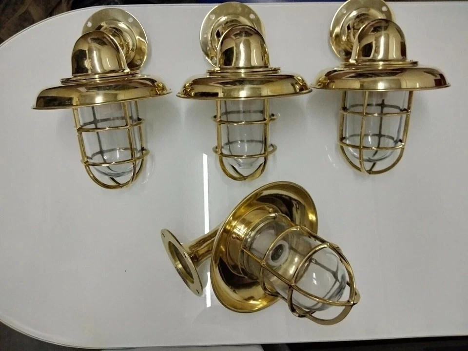 Set of 4 Nautical Brass Bulkhead Wall Sconce Lights with Shade – Marine Style