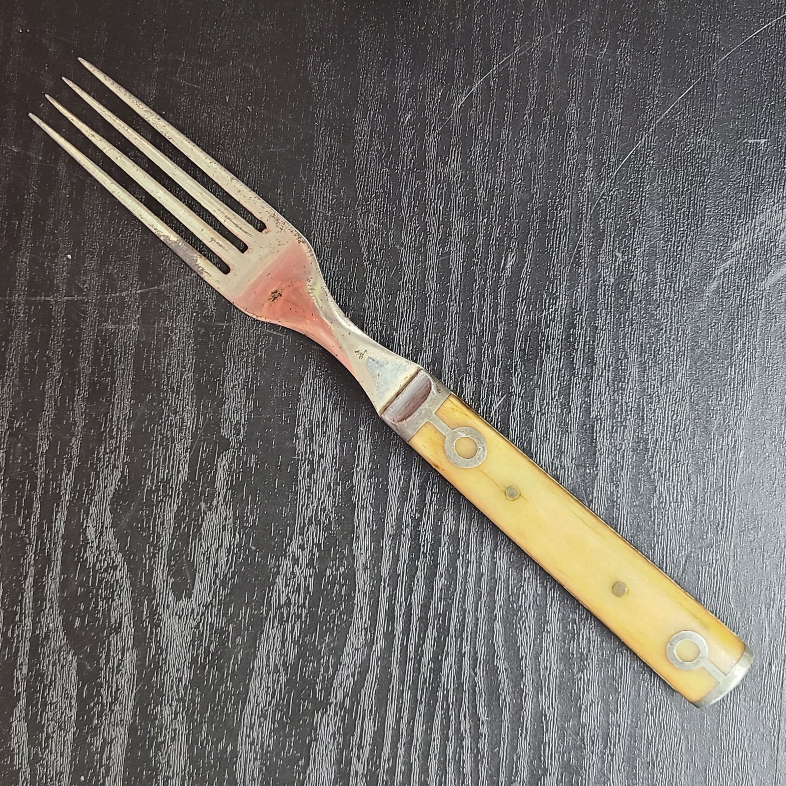Vintage Civil War-era Bovine Bone Handle Dinner Fork, 4-Tine Metal Inlay Patina