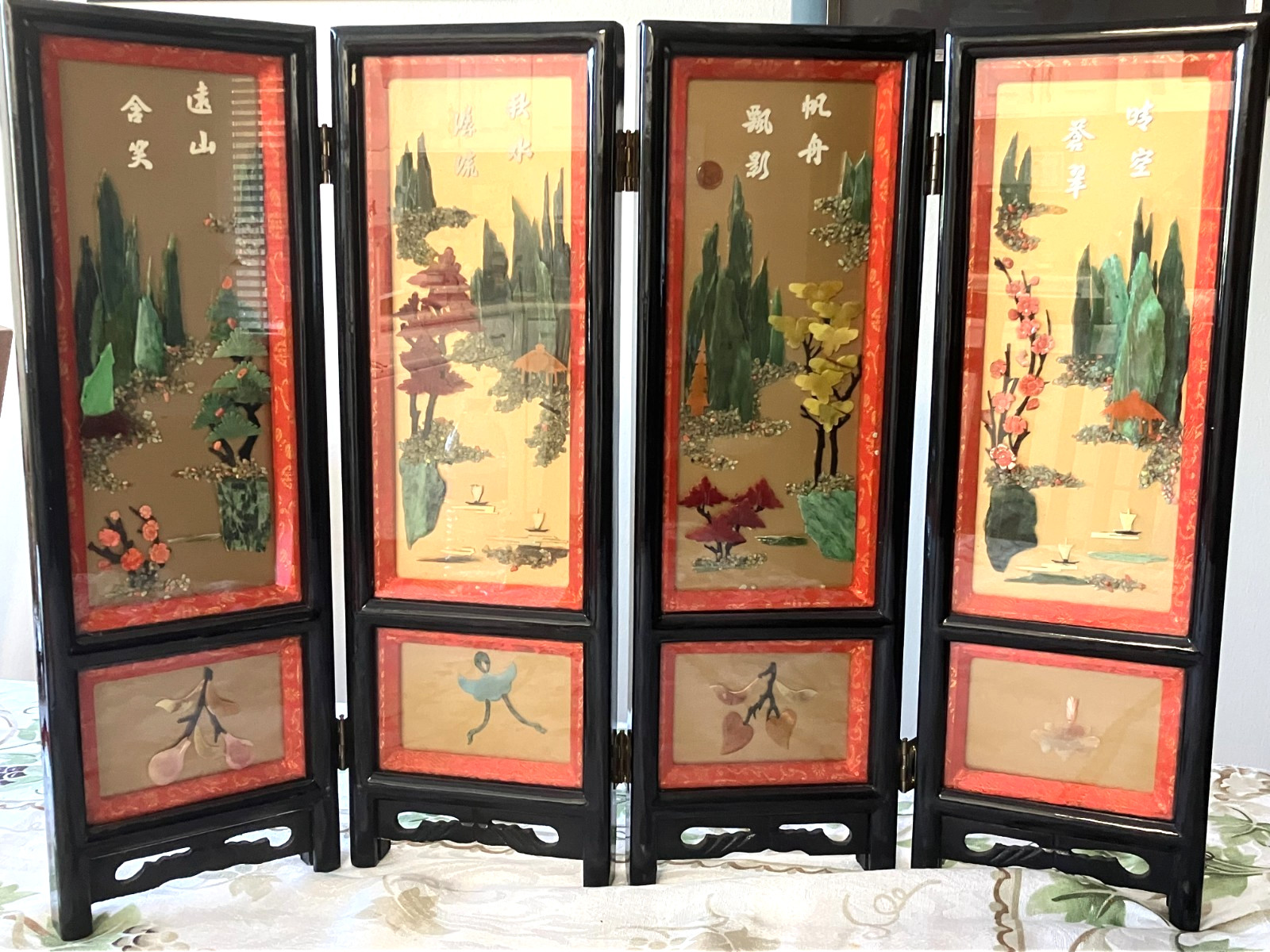 Vintage Black Lacquer FOLDING DIVIDER TABLE SCREEN Carved Jade Gemstone 4 PANEL