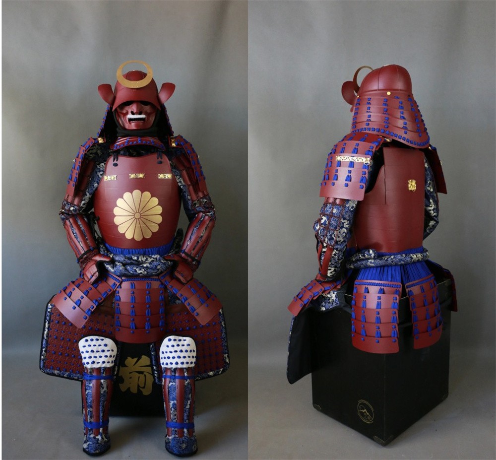 Japanese Red Painted Samurai Armor Yoroi Mon Helmet Armor Set Life-Size Wearable