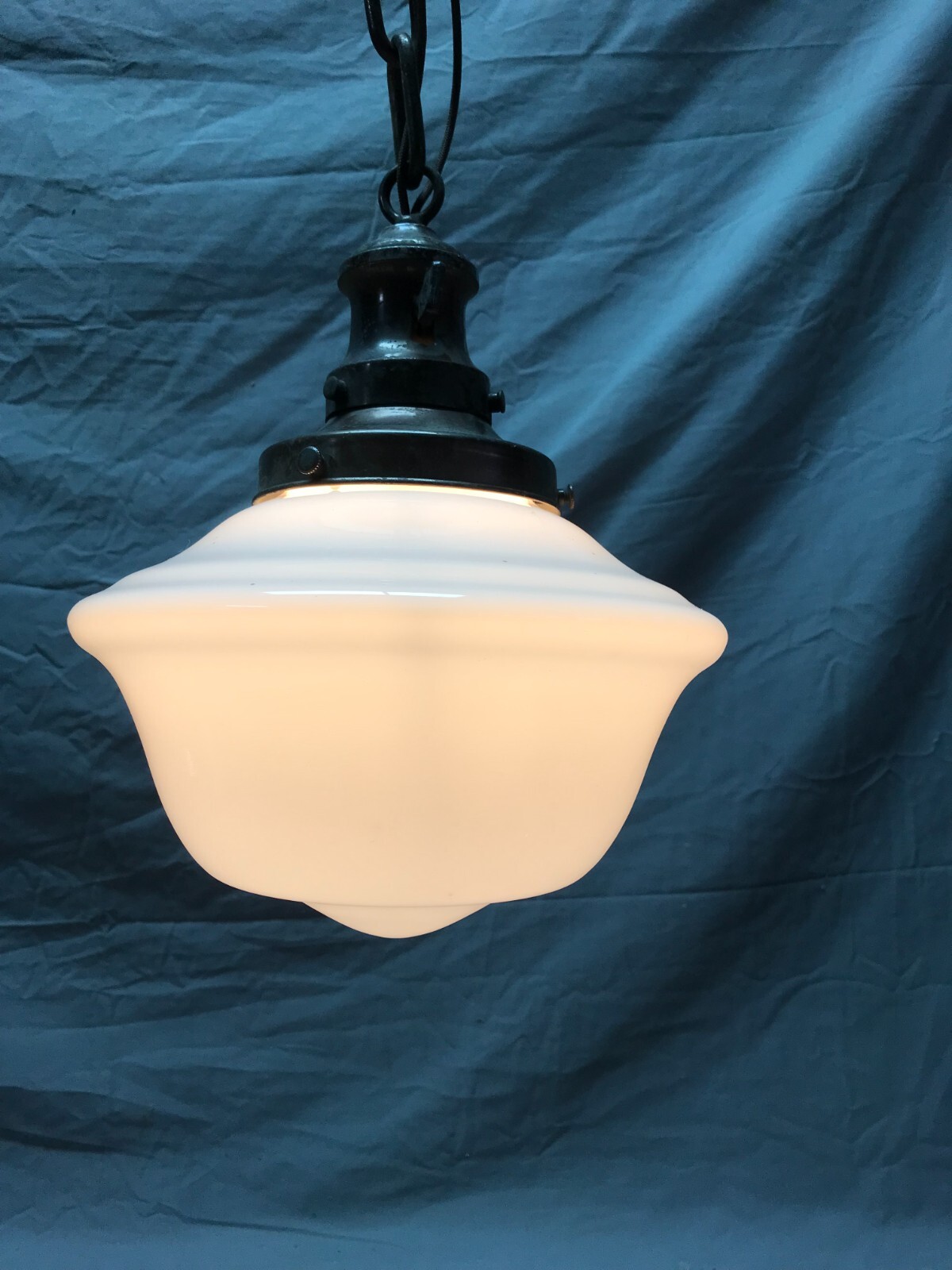Antique 9″ Schoolhouse Bank Ceiling Light White Glass Globe VTG Bronze 295-23B