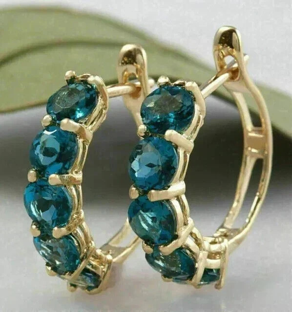Wedding Hoop Earrings 2Ct Round Cut London Blue Topaz 14k Yellow Gold Finish