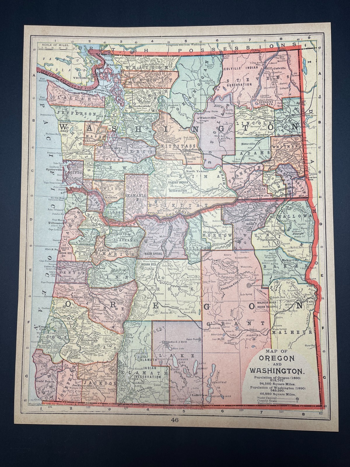 1890 WASHINGTON & OREGON State Map Mounted on Acid-Free Card Stock SEE DESCRIP